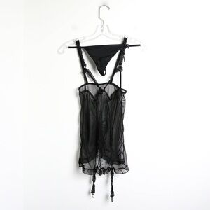 Black mesh lingerie set sexy gothic underwear G-string panties babydoll camisole